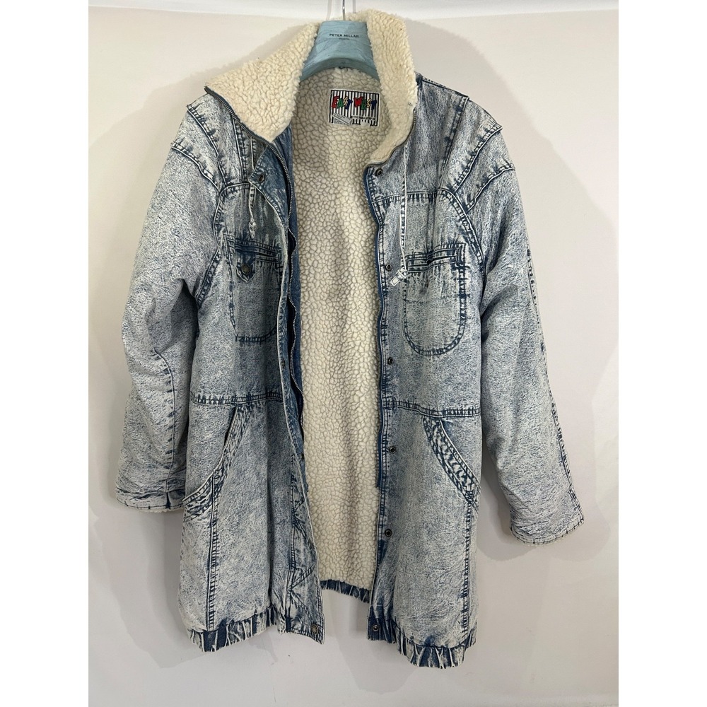 East West Denim Sherpa Lined Coat By Panda Group Vintage 1980's Wash Size Large